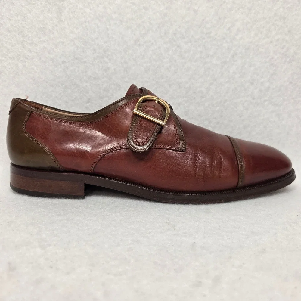 Vtg Bally Monk Strap Shoes Mens 44 Brown Two Tone Leather Cap‎ Toe Made in Italy